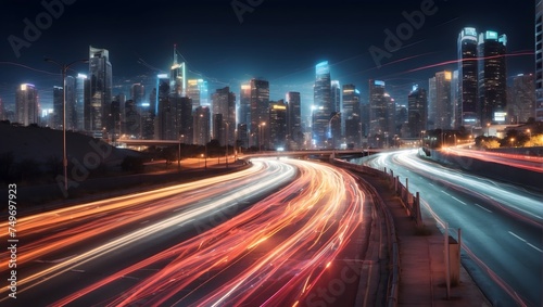An abstract representation of a city's nightlife, focusing on the luminous trails of traffic on a highway, using a long exposure technique to create motion Generative AI © Haroon