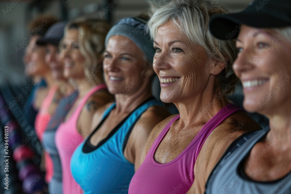 Group of smiling senior women ready to start a gym class