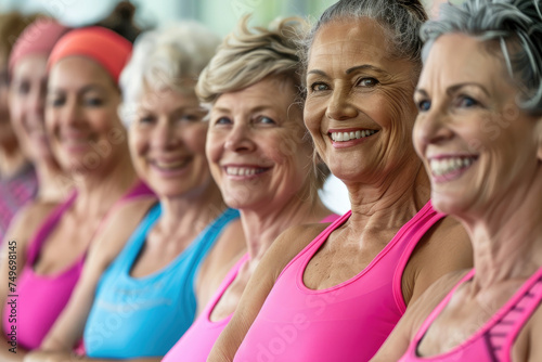 Group of smiling senior women ready to start a gym class