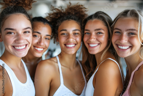 Group of smiling young women ready to start a gym class