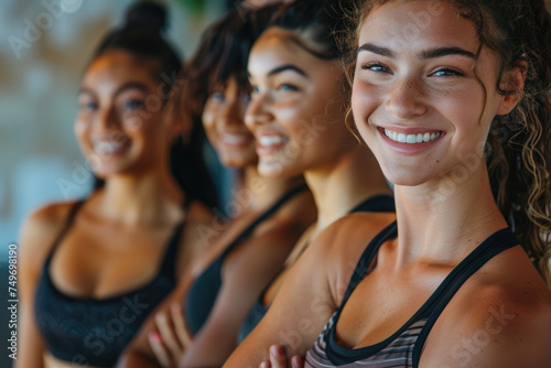 Group of smiling young women ready to start a gym class