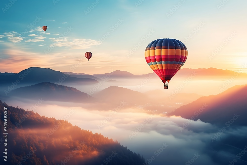 Fototapeta premium Colorful hot air balloon flying over the valley at sunrise