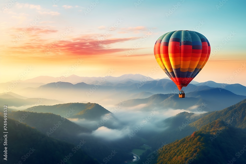 Fototapeta premium Hot air balloon flying over the mountains at sunrise