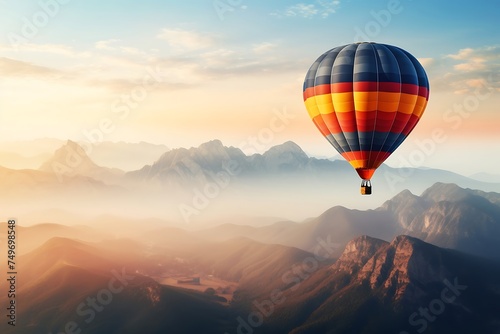 Colorful hot air balloon flying over the valley at sunrise