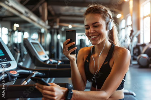 Happy athletic woman listens music over earbuds while using cell phone in gym