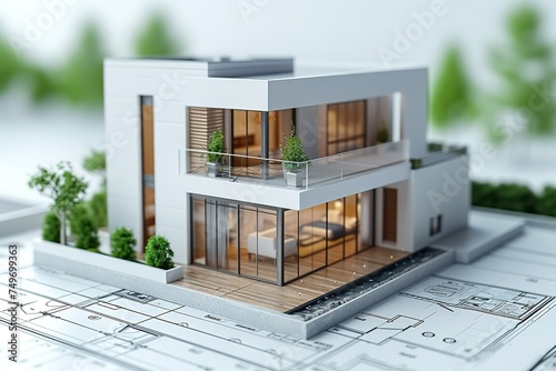 3d small house model on architecture floorplan photo