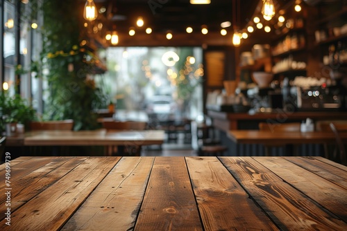 Blurred coffee shop and restaurant interior background with empty wooden table. Use for products display or montage.
