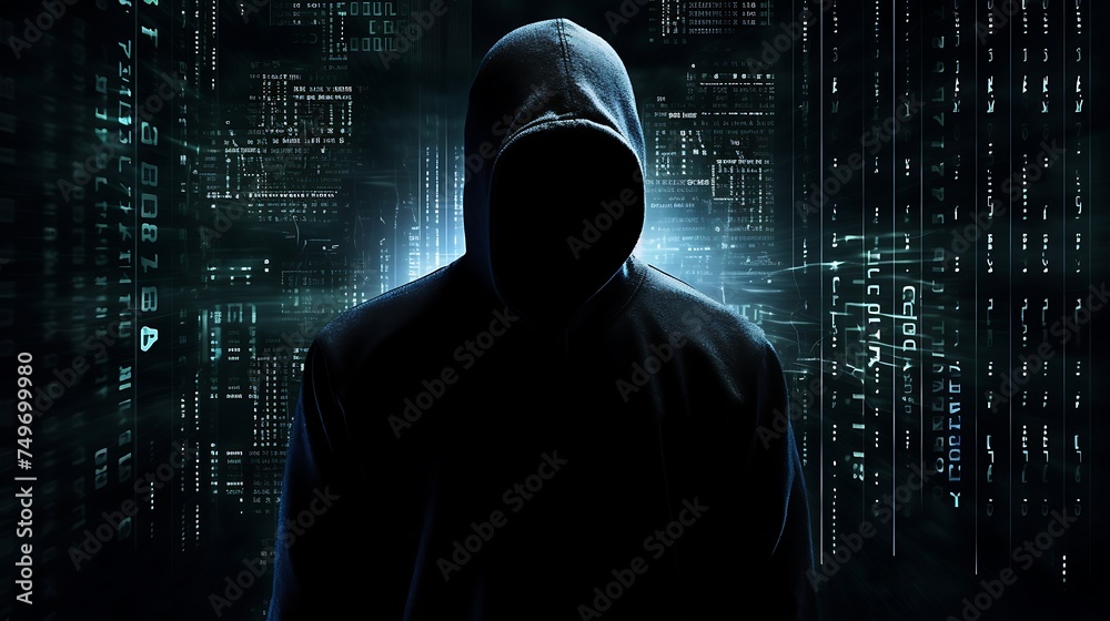 Hacker in front of computer screen with binary code on dark background Hacker in front of computer screen with binary code on dark background