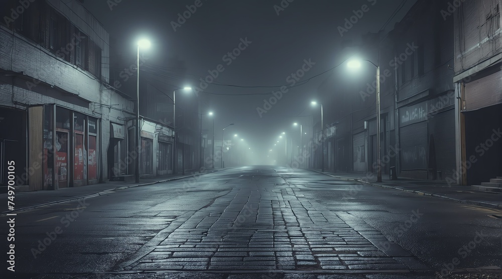 Dark empty street at night with thick gray smog from Generative AI