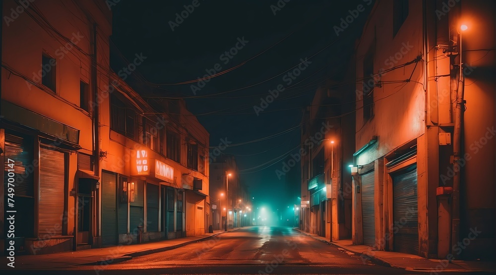 Dark empty street at night with thick orange smog from Generative AI