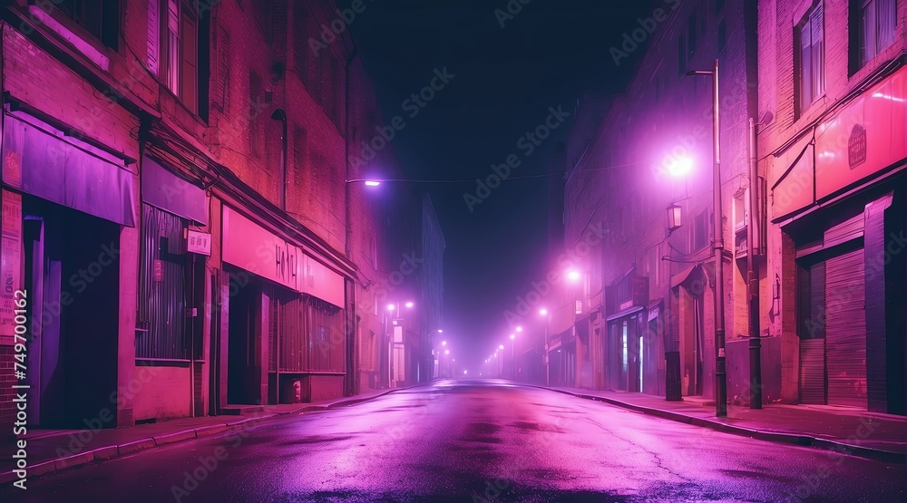 Dark empty street at night with thick purple smog from Generative AI