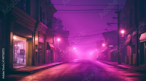 Dark empty street at night with thick purple smog from Generative AI