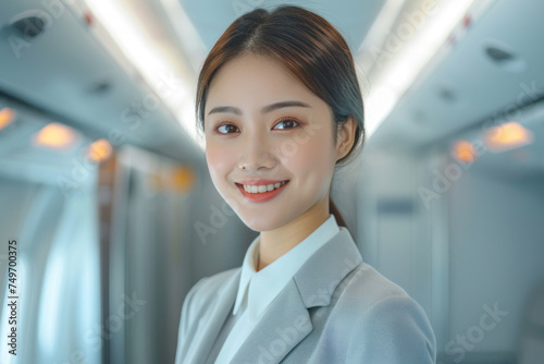 Asian woman wearing airline cabin crew uniform in commercial airplane © Aris