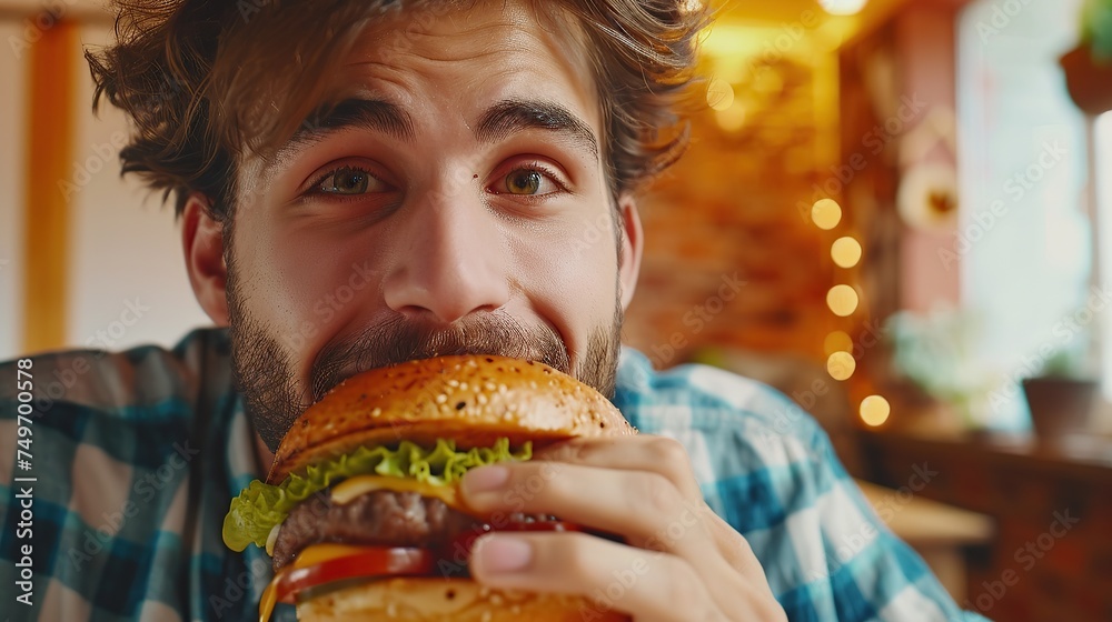 Tracking Slow Motion Portrait of a Man Who is Enjoying a Delicious Hamburger at Home. Colorful Setting For a Happy Male Who Ordered Fast Food Delivery, Approving of the High Quality. Tracking Slow Motion Portrait of a Man Who is Enjoying a Delicious Hamburger at Home. Colorful Setting For a Happy Male Who Ordered Fast Food Delivery, Approving of the High Quality.
