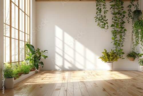 Empty room of modern contemporary loft with plants on wooden floor.
