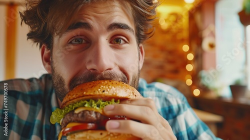Tracking Slow Motion Portrait of a Man Who is Enjoying a Delicious Hamburger at Home. Colorful Setting For a Happy Male Who Ordered Fast Food Delivery, Approving of the High Quality.