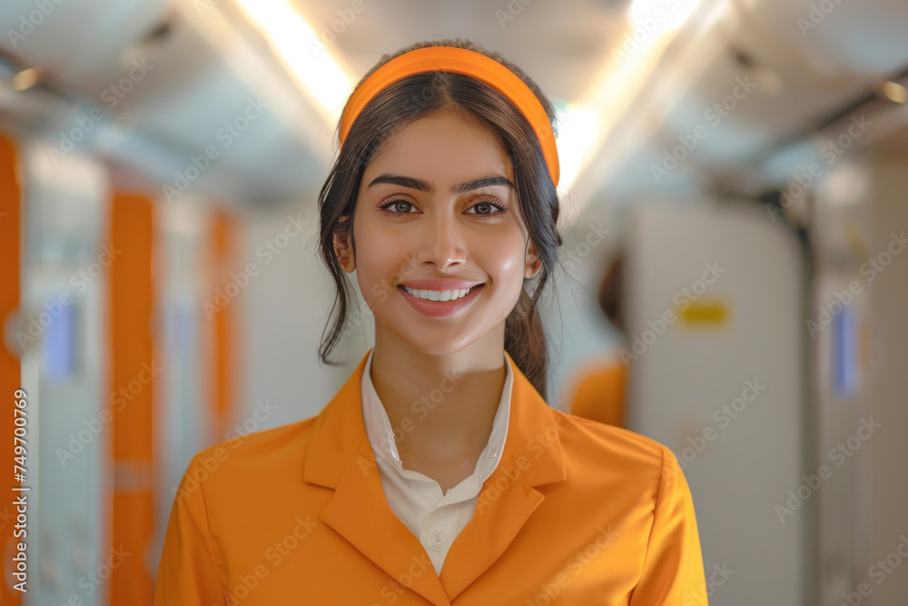 Φωτογραφία Indian woman wearing airline cabin crew uniform in commercial airplane