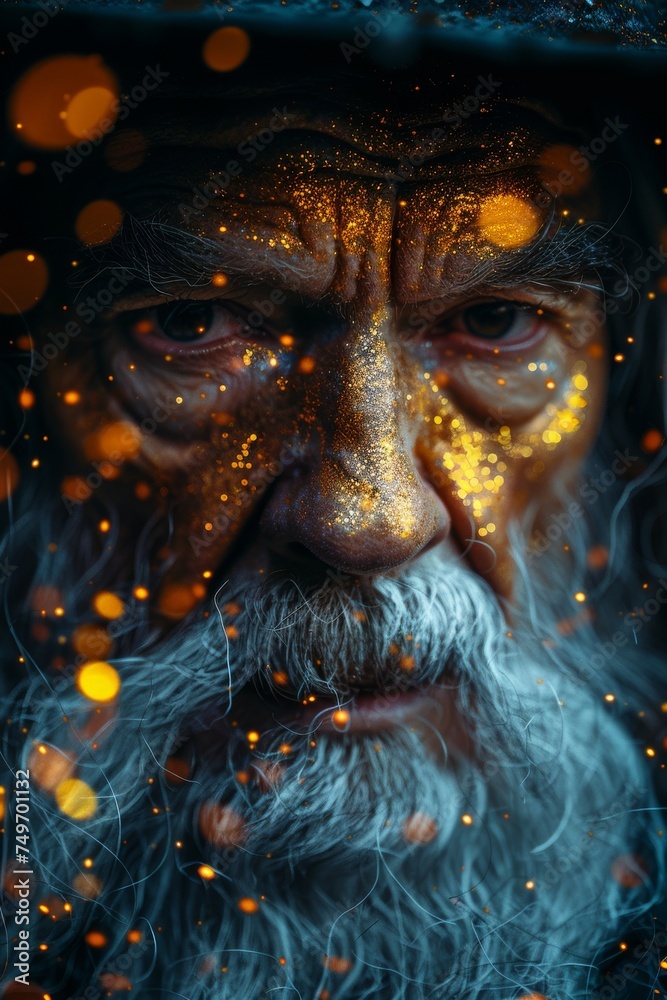 A close-up captures the smiling wizard, his iconic hat perched atop his head, conjuring sorcery as realistic fire sparkles in the air. A close-up captures the smiling wizard, his iconic hat perched atop his head, conjuring sorcery as realistic fire sparkles in the air.