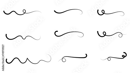 Swashes swoops and swishes calligraphy signs sets. Underlines hand drawn strokes. Brush drawn thick curved smears. Hand drawn collection of curly swishes, swashes, squiggles. Vector symbols sets.