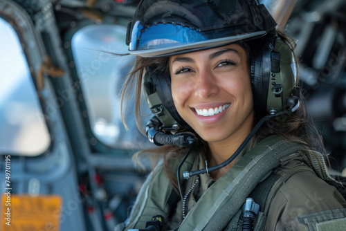 Hispanic woman wearing military pilot uniform in military operations © Aris