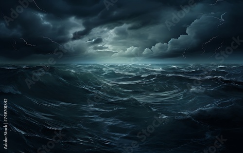 Dark stormy sea with lightning and storm clouds