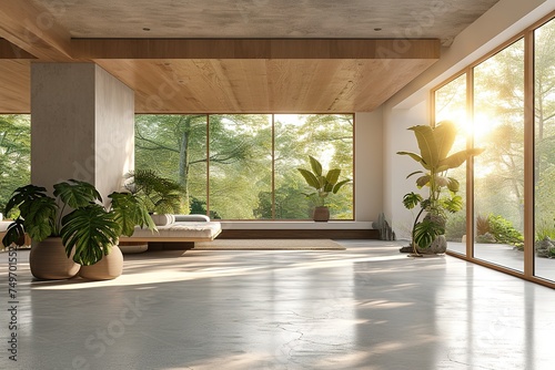 Modern contemporary empty hall with nature view 3d render overlooking the living room behind the room has concrete floors  plank ceilings and blank white walls for copy space  sunlight enter the room.