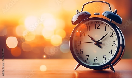 Retro alarm clock on bokeh background. Time concept.