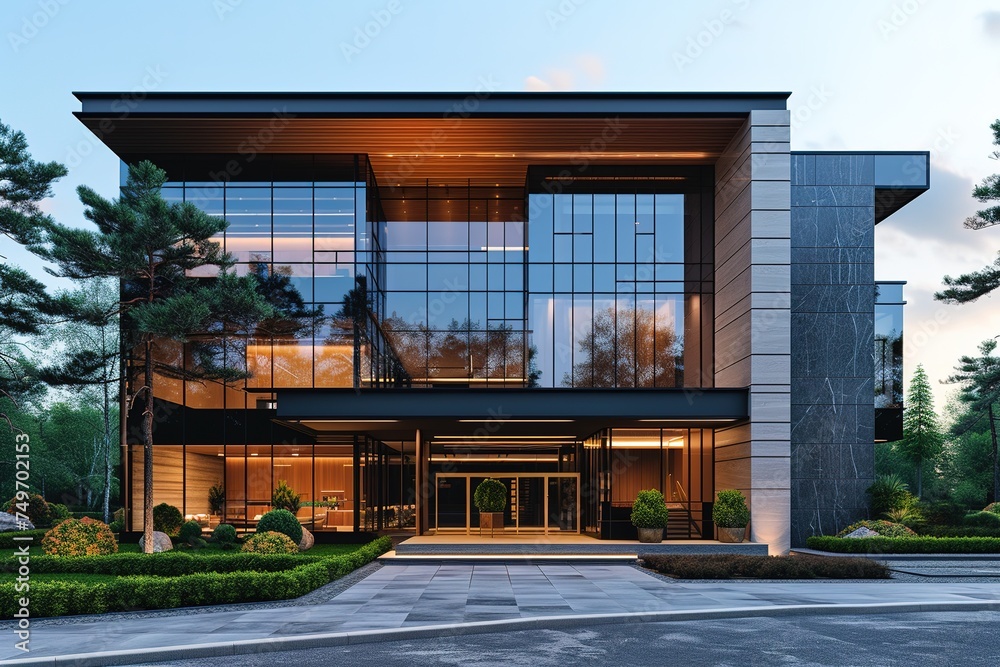 Modern office builidng. Contemporary corporate architecture. Front of commercial luxury building