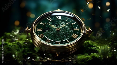 a golden clock on abundant green vegetation