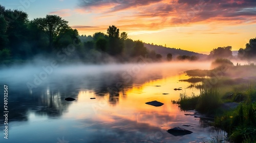 Beautiful summer landscape with foggy river at sunrise.