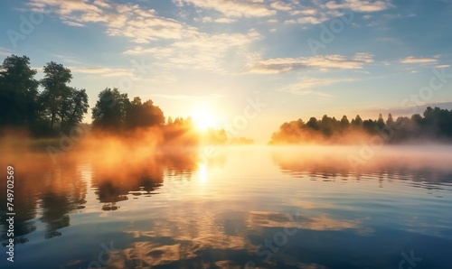 Beautiful summer landscape with foggy river at sunrise. Colorful sky.