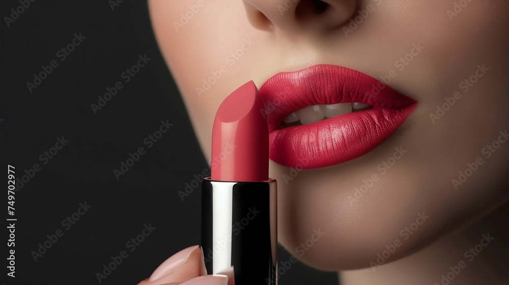 Obraz premium Applying Coral Lipstick on Pouty Lips. Generative ai