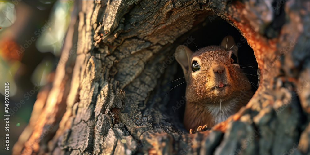 Obraz premium the squirrel is peeking through a hole in the tree, generative AI