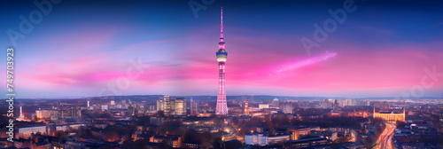 The Intersection of Past and Present - A Spectacular View of London's BT Tower Amidst Sunset Skyline photo