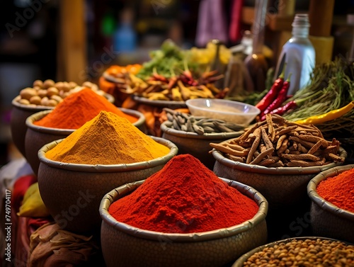 Spices and herbs on the traditional market in India