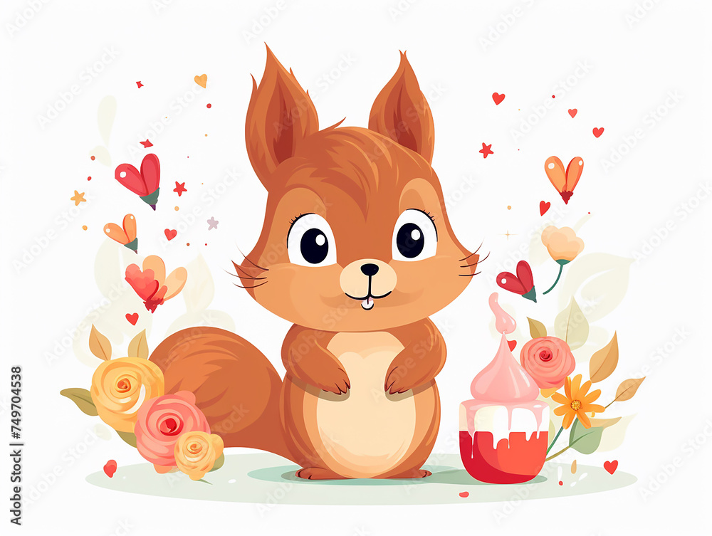 illustration of a squirrel with flowers and a festive cupcake on a white background illustration of a squirrel with flowers and a festive cupcake on a white background