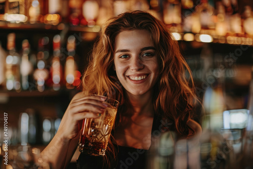 Happy female bartender holding a drinking glass at pub