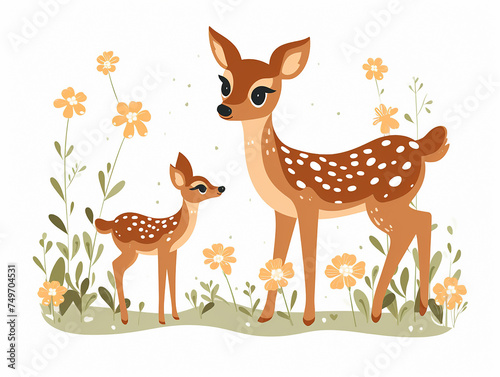 illustration of a roe deer with a cub on a white background © Kot69