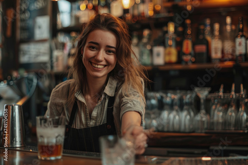 Happy female bartender holding a drinking glass at pub