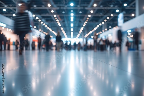 Background of an expo or convention with blurred individuals in an exposition hall. Concept image for a international exhibition, conference center, corporate marketing, or event fair See Less photo