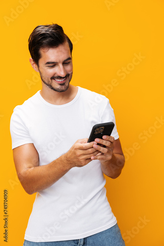 Man phone smartphone space smiling portrait copy communication cyberspace