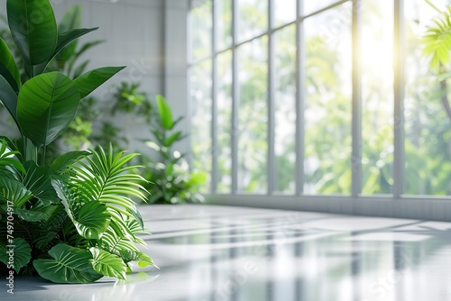 Bright and clean office environment, abstract background. bright office with green plants and large windows