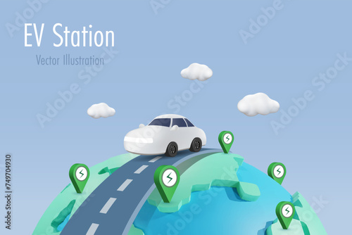 EV car charging station. Electric vehicle car with charging stations service on road over world. Alternative green energy for sustainable environment. 3D vector.