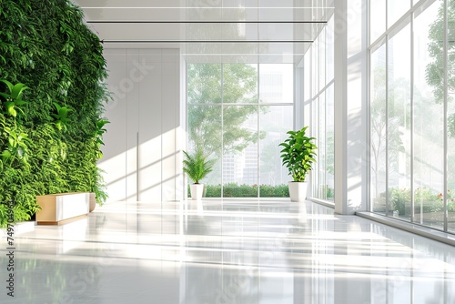 Bright and clean office environment, abstract background. bright office with green plants and large windows