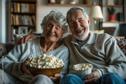 Happy senior couple eating popcorn while watching movie at home
