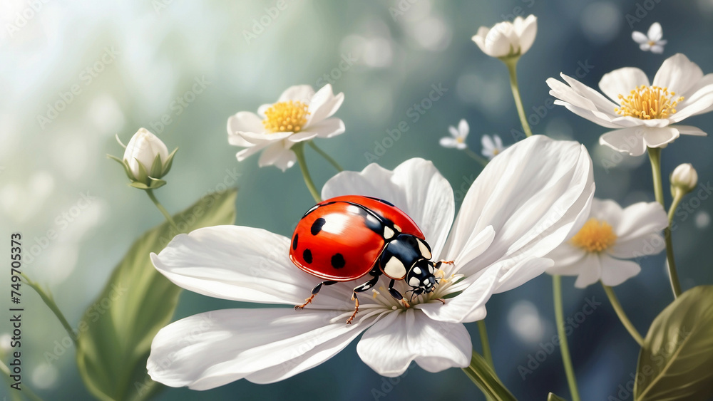 A beautiful natural background with a ladybug rests on a delicate white flower, its wings gently fluttering in the soft breeze and the ladybug and its surroundings invites a sense of peace A beautiful natural background with a ladybug rests on a delicate white flower, its wings gently fluttering in the soft breeze and the ladybug and its surroundings invites a sense of peace