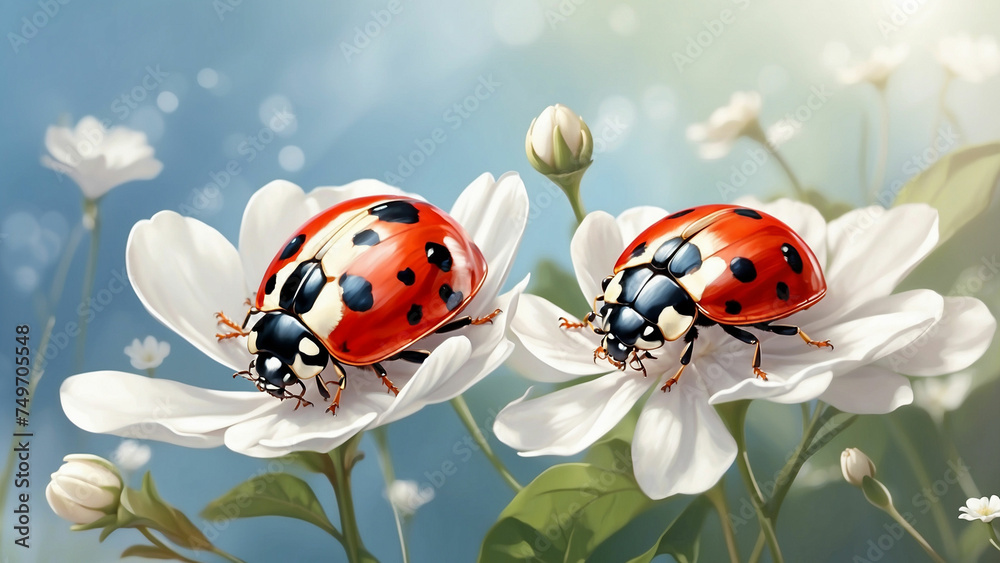 Fototapeta premium A beautiful natural background with a ladybug rests on a delicate white flower, its wings gently fluttering in the soft breeze and the ladybug and its surroundings invites a sense of peace