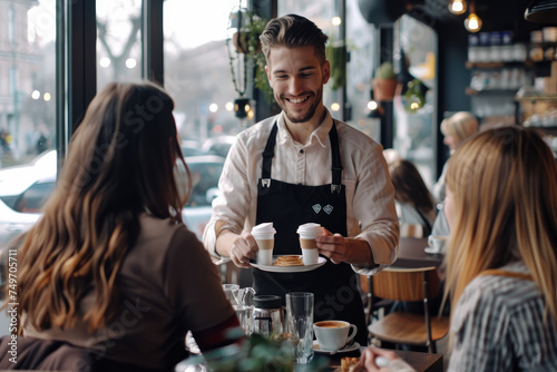 Happy waiter serving coffee to young women in a cafe