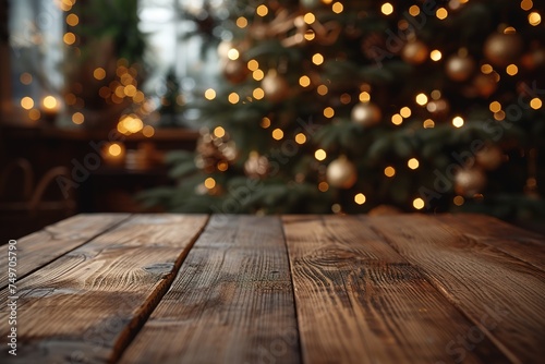 Empty wooden table in front of christmas tree. Space for text