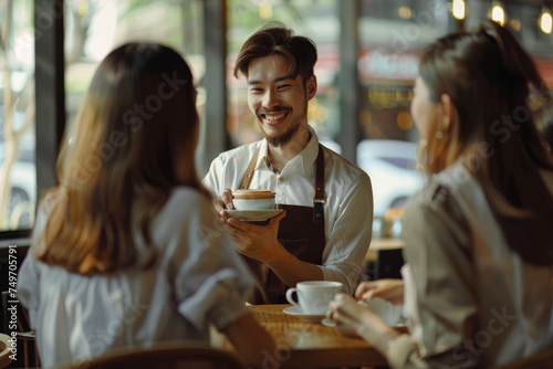 Happy waiter serving coffee to young women in a cafe